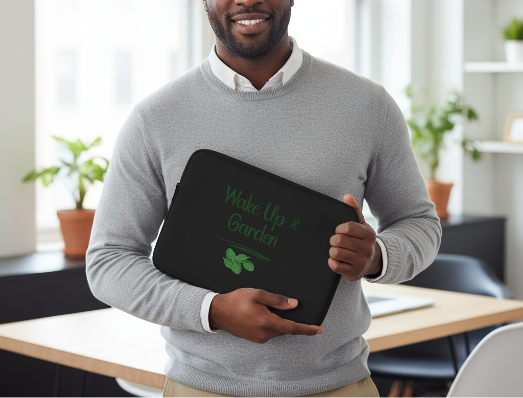 Man holding a black laptop case with 'Wake Up & Garden' text in a bright room.