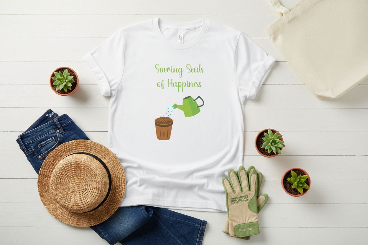 White t-shirt with gardening-themed design on a white wooden surface with plants and gardening tools.