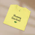 Yellow t-shirt with 'Mommy Gardener' text on a beige background
