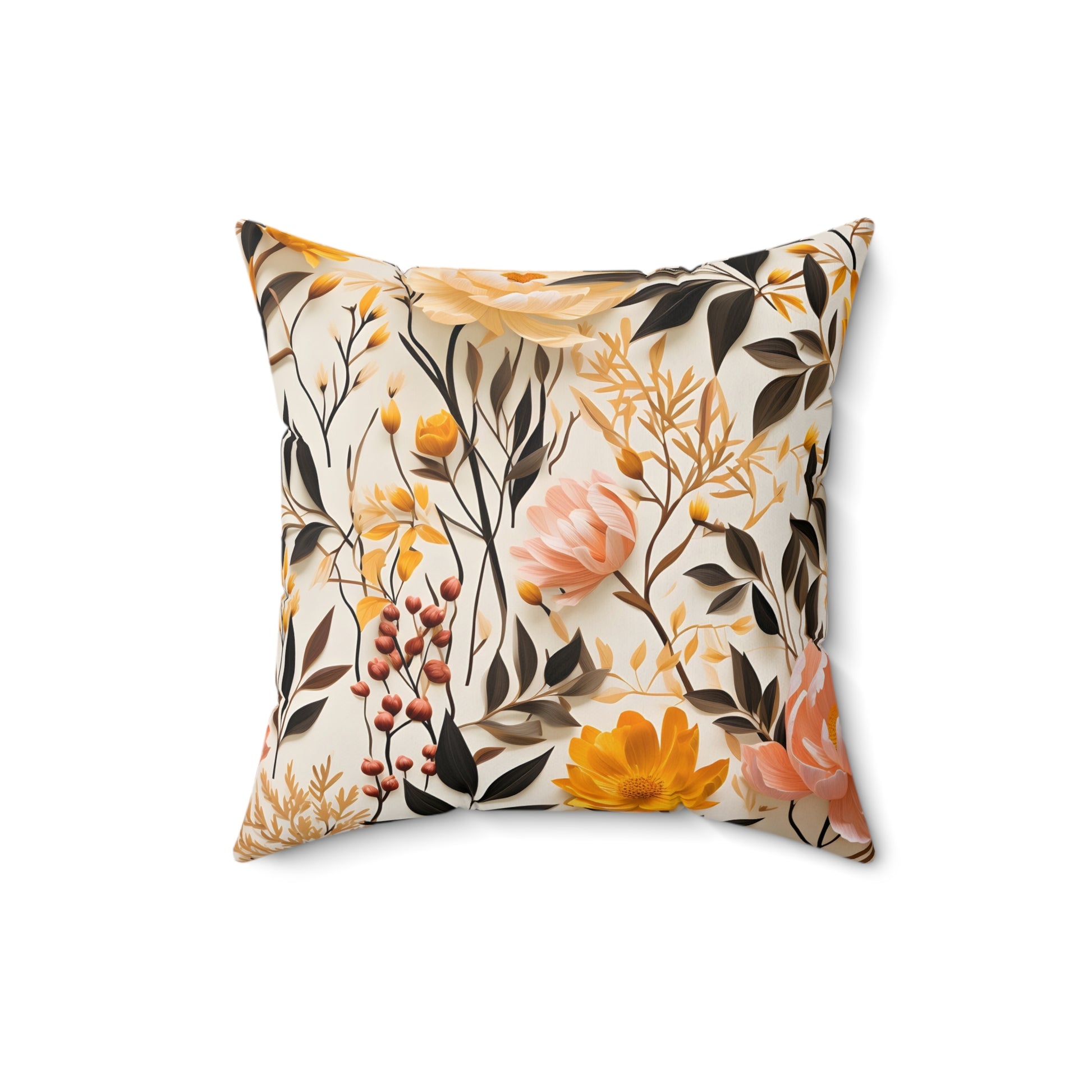 Floral-patterned pillow with yellow, orange, and pink flowers on a white background