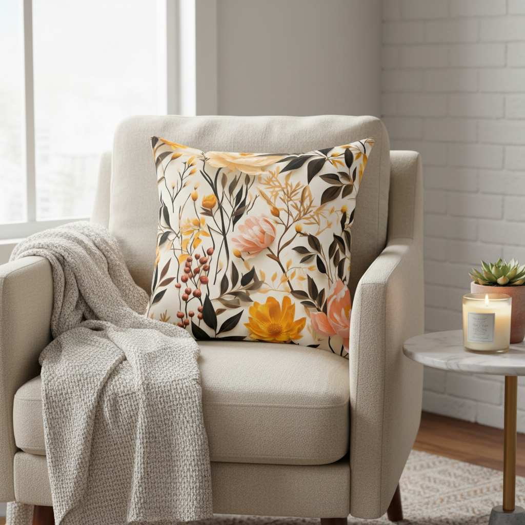 Beige armchair with a floral pillow and blanket in a cozy living room setting.