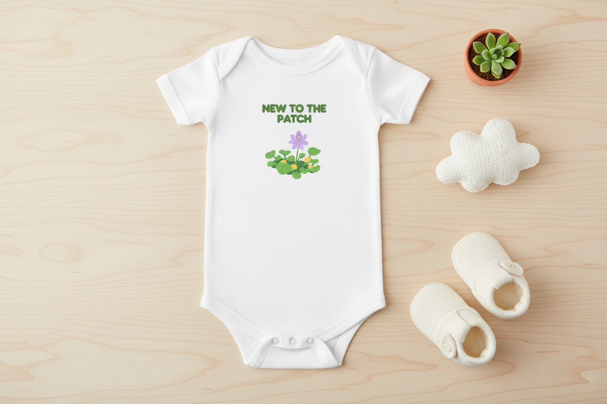 White baby onesie with 'New to the Patch' text and plant graphics on a wooden surface with baby shoes and a small plant.