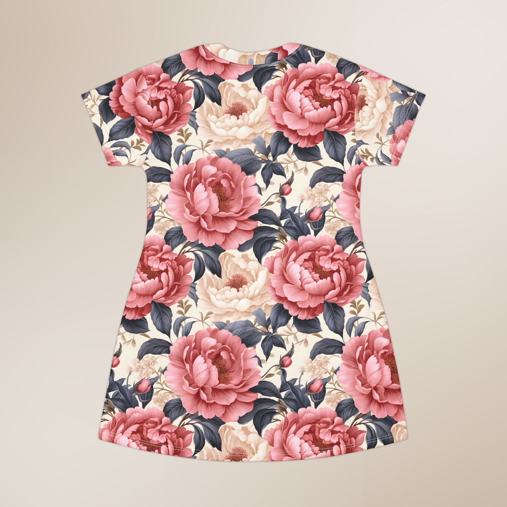 Floral dress with pink and red flowers on a beige background