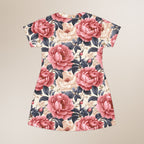Floral dress with pink and red flowers on a beige background