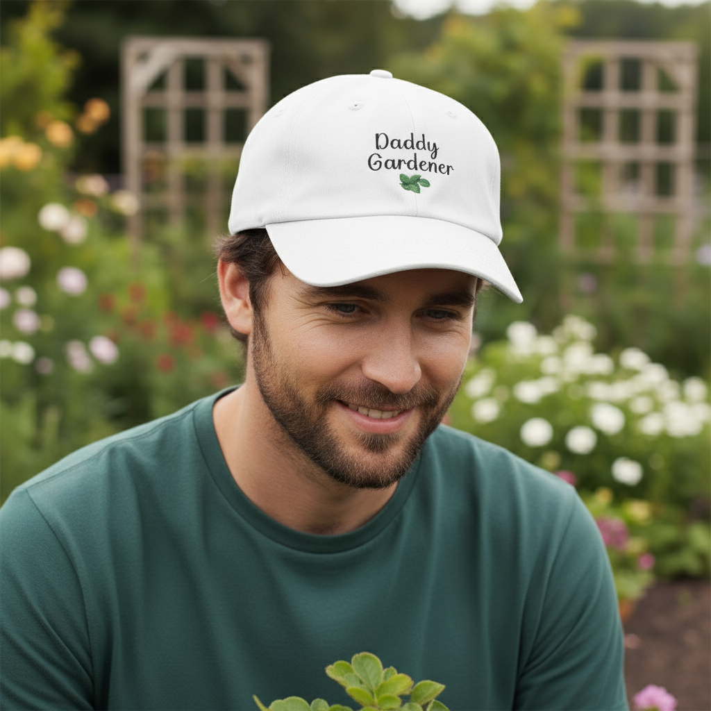 Man wearing a white cap with 'Daddy Gardener' text in a garden setting