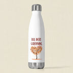 White water bottle with 'Fall into Gardening' text and tree graphic on a white background