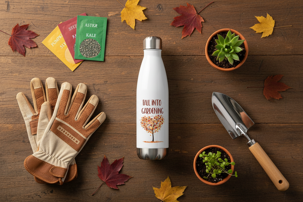 Gardening tools and accessories on a wooden surface with fall leaves