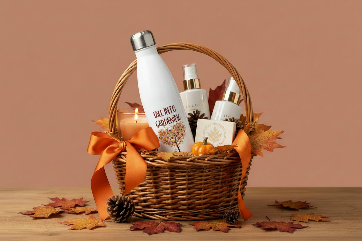 Gift basket with skincare products, a candle, and decorative elements on a wooden surface with a brown background.