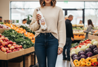Woman holding a reusable water bottle in a grocery store