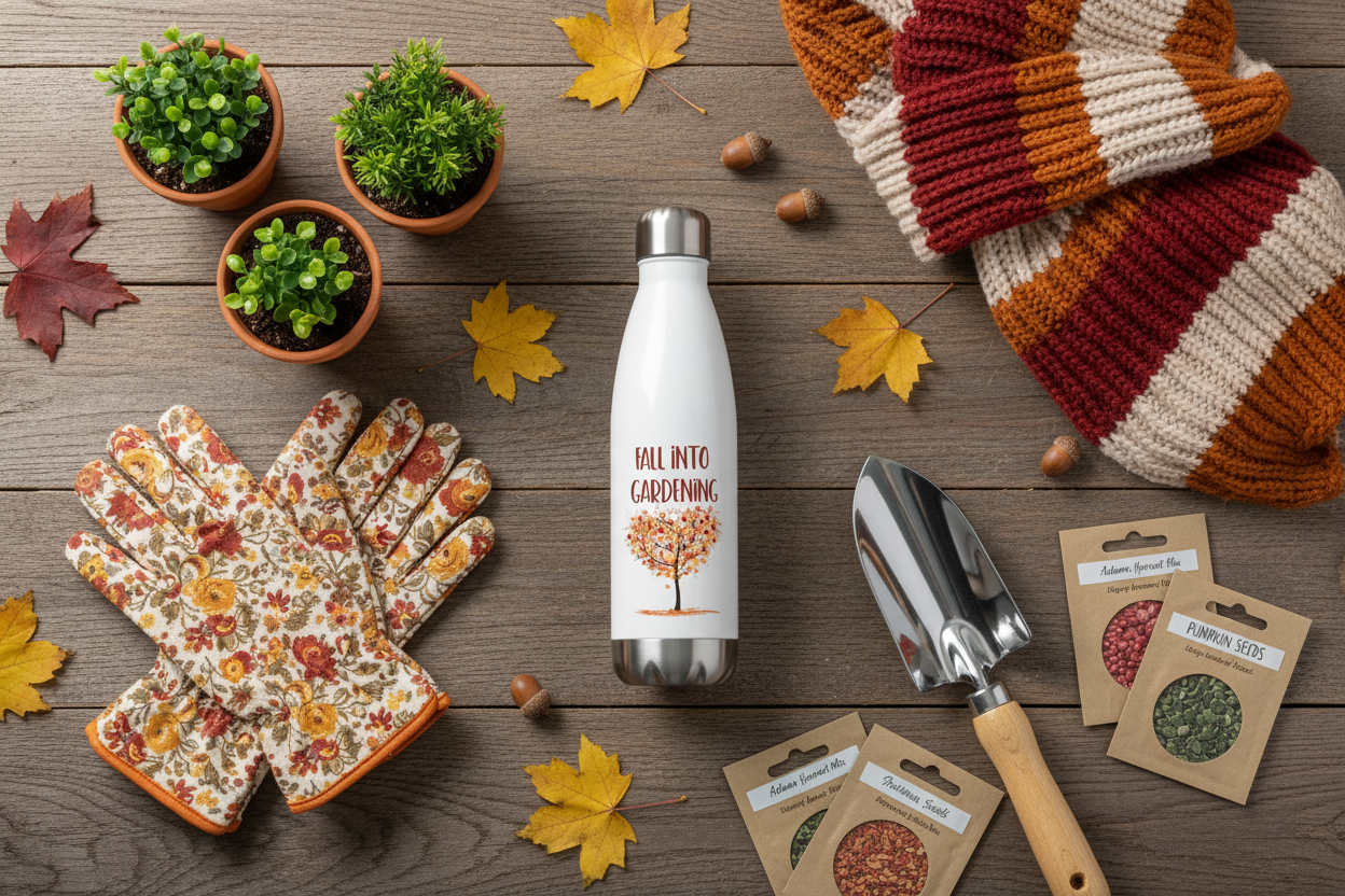 Gardening-themed items including a water bottle, gloves, trowel, and seed packets on a wooden surface with autumn leaves.