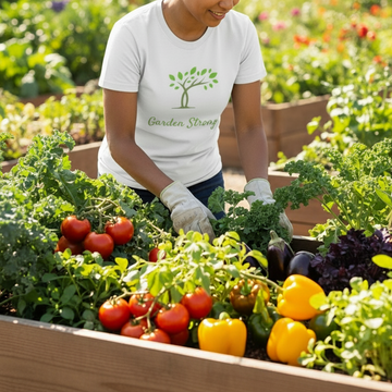 Person tending to a garden with various vegetables and 'Garden Strong' t-shirt.