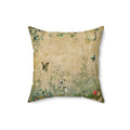 Decorative pillow with nature-themed design featuring butterflies and plants on a beige background.