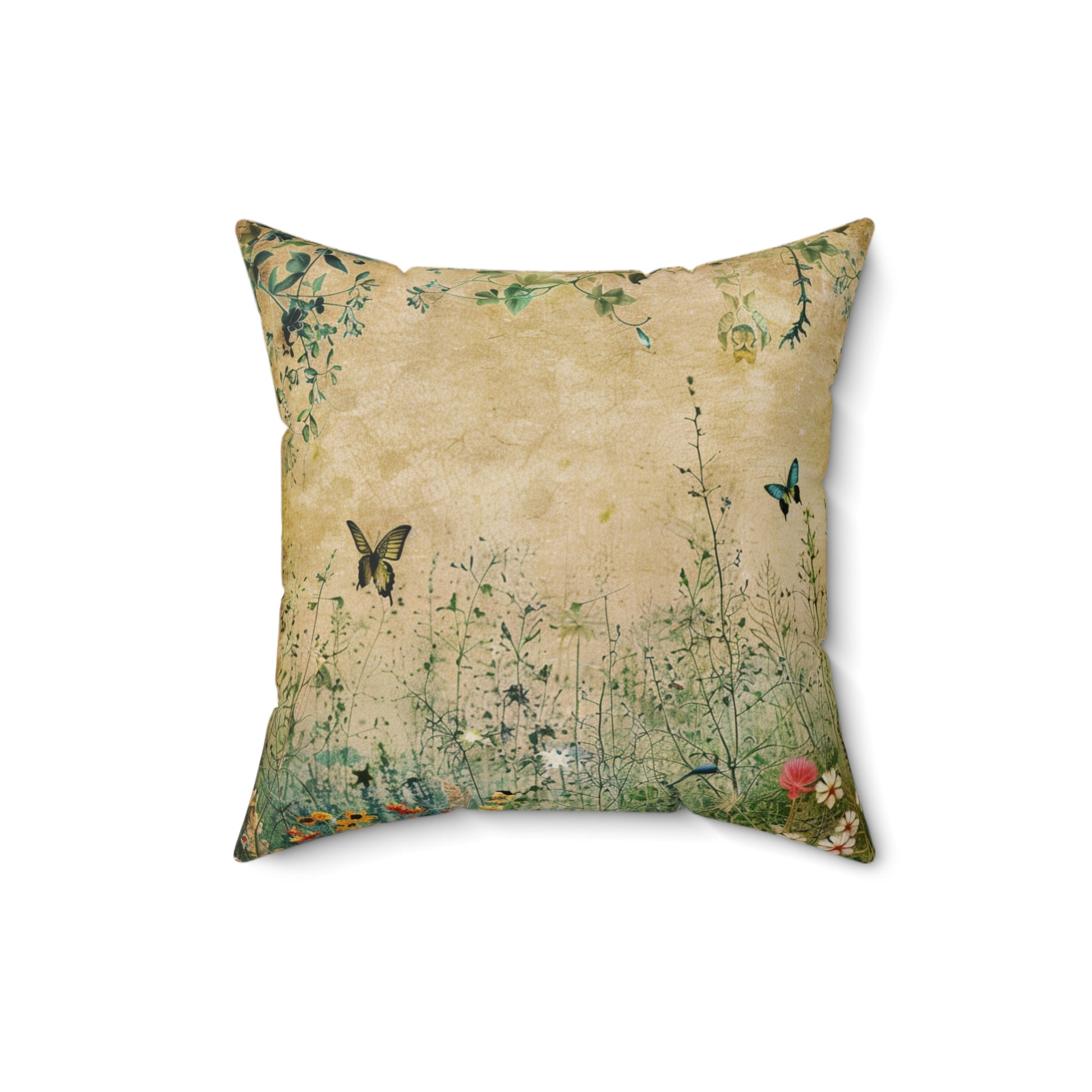 Decorative pillow with nature-themed design featuring butterflies and plants on a beige background.