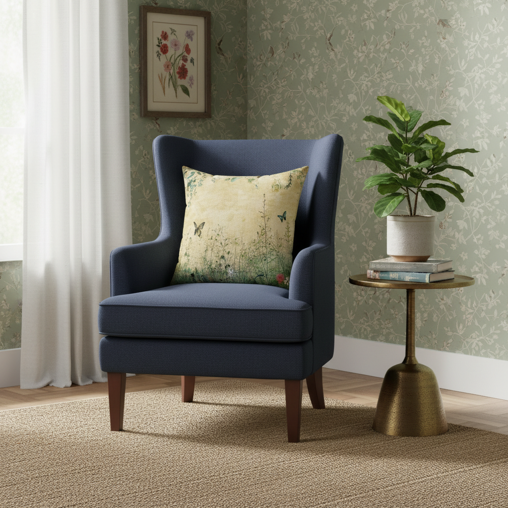 Navy blue armchair with a decorative pillow in a room with a plant and side table.