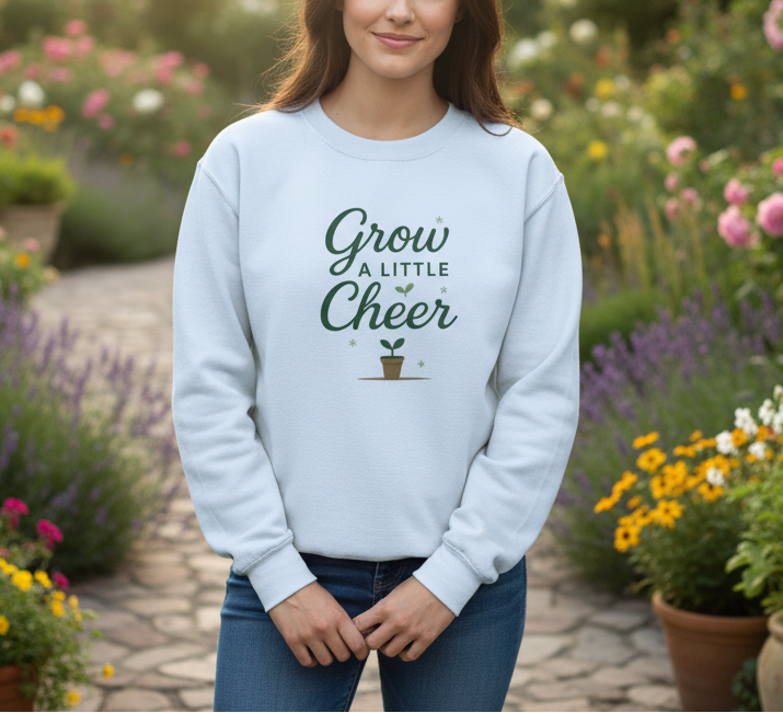 Person wearing a light blue sweatshirt with 'Grow a Little Cheer' text in a garden setting