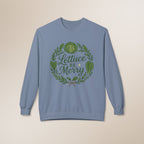 Blue sweatshirt with 'Lettuce Be Merry' design on a beige background