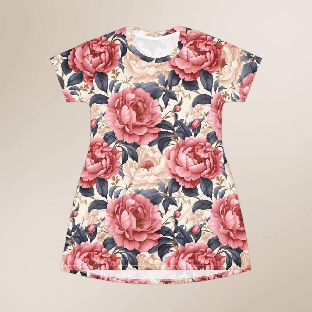 Floral dress with pink flowers on a beige background