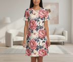 Woman wearing a floral dress in a living room setting