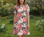 Woman wearing a floral dress with pink roses in a garden setting