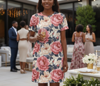 Woman in a floral dress holding a glass of wine at an outdoor event.