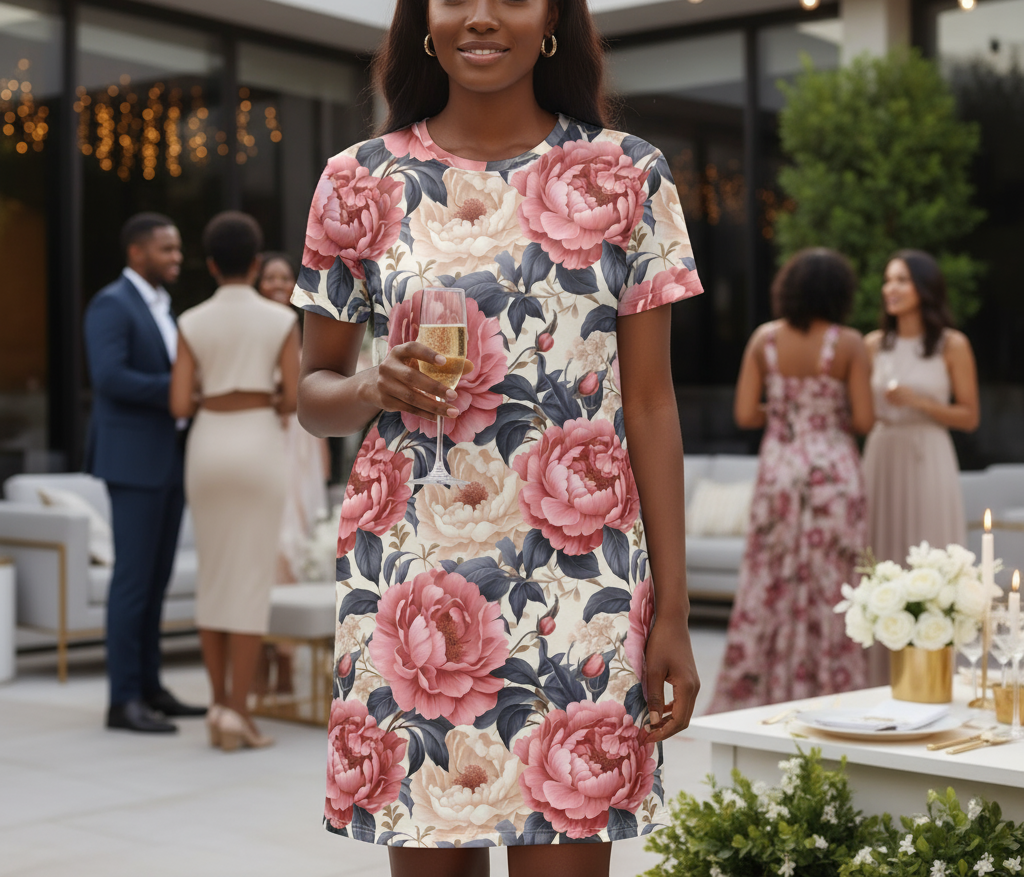 Woman in a floral dress holding a glass of wine at an outdoor event.