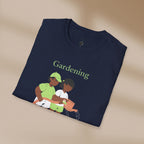 Navy blue t-shirt with 'Gardening' text and illustration of two people gardening on a beige background