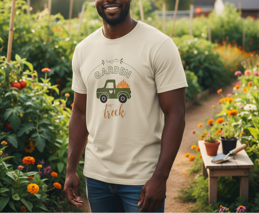 Man wearing a 'Garden is the new track' t-shirt in a garden setting