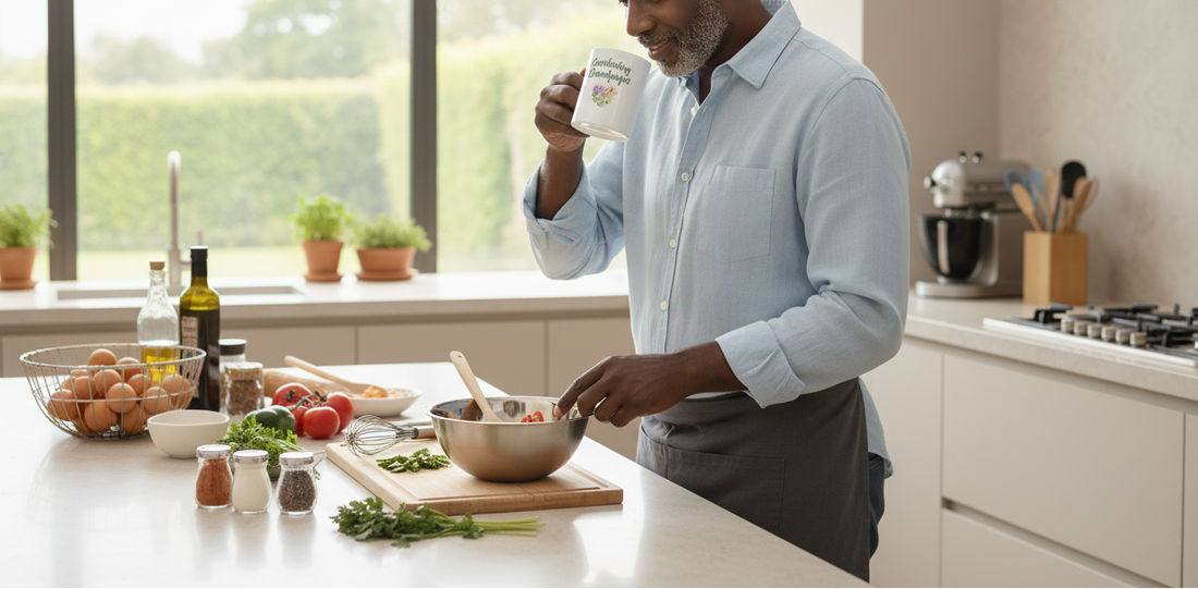 Man in a kitchen preparing food, holding a mug.