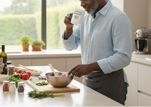 Man in a kitchen preparing food, holding a mug.