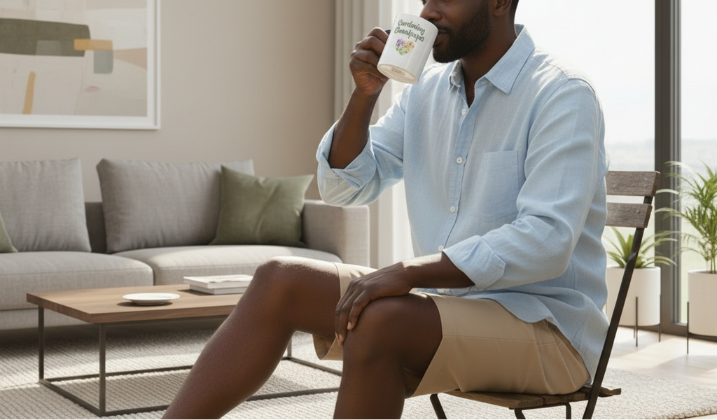 Man sitting at a table in a garden, drinking from a mug.