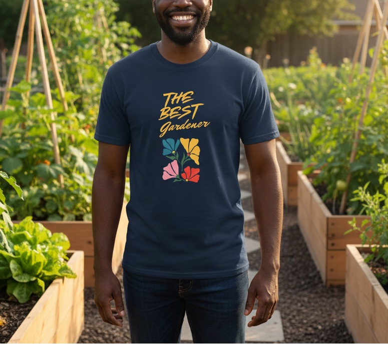 Navy blue t-shirt with 'The Best Gardener' text and floral design on a beige background
