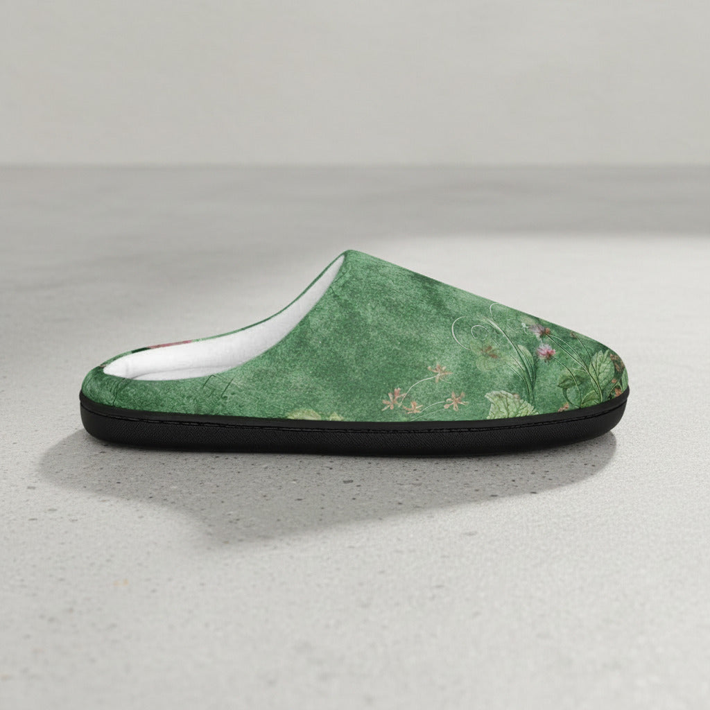 Green slipper with floral pattern on a white background