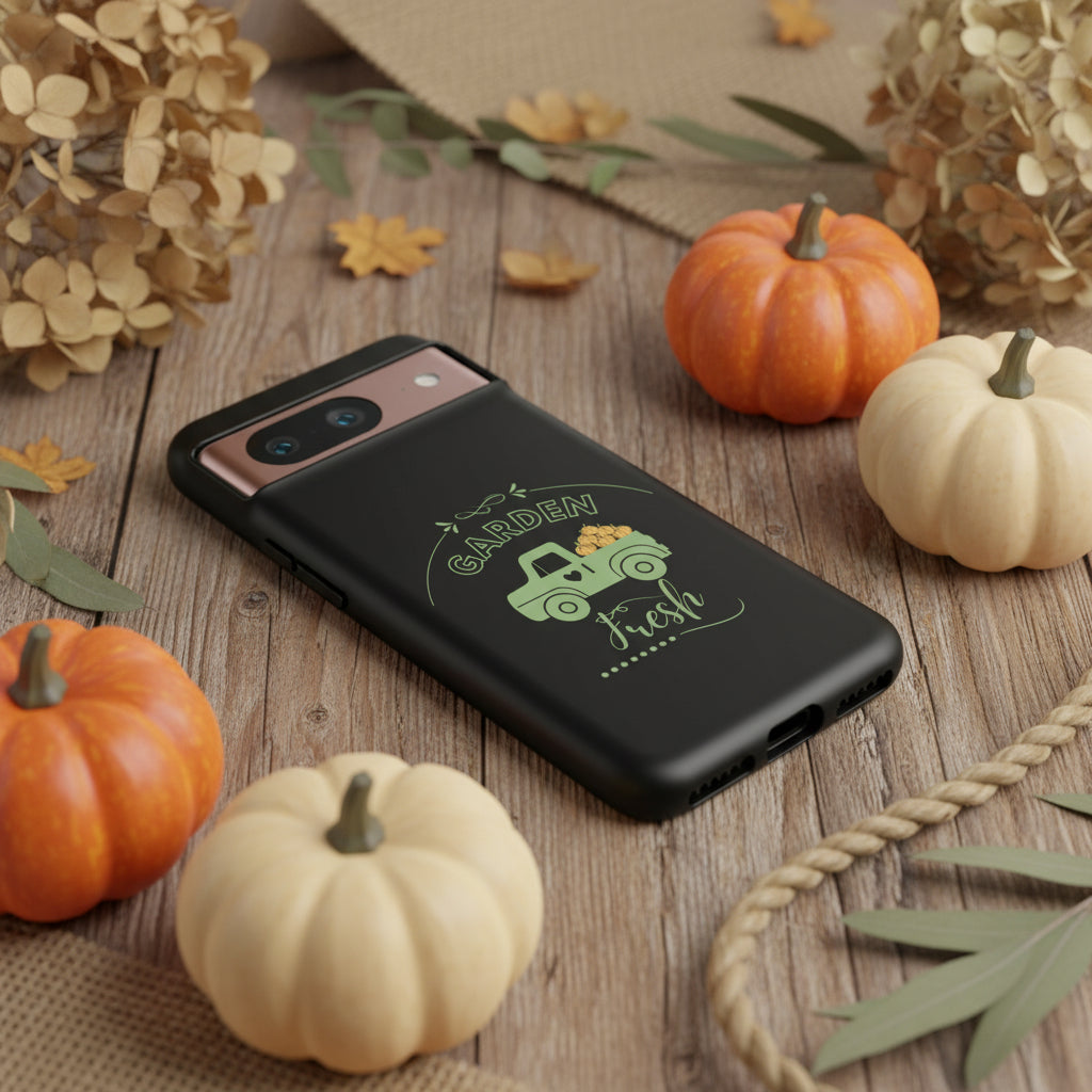 Black phone case with a green truck and 'Garden Fresh' text on a white background