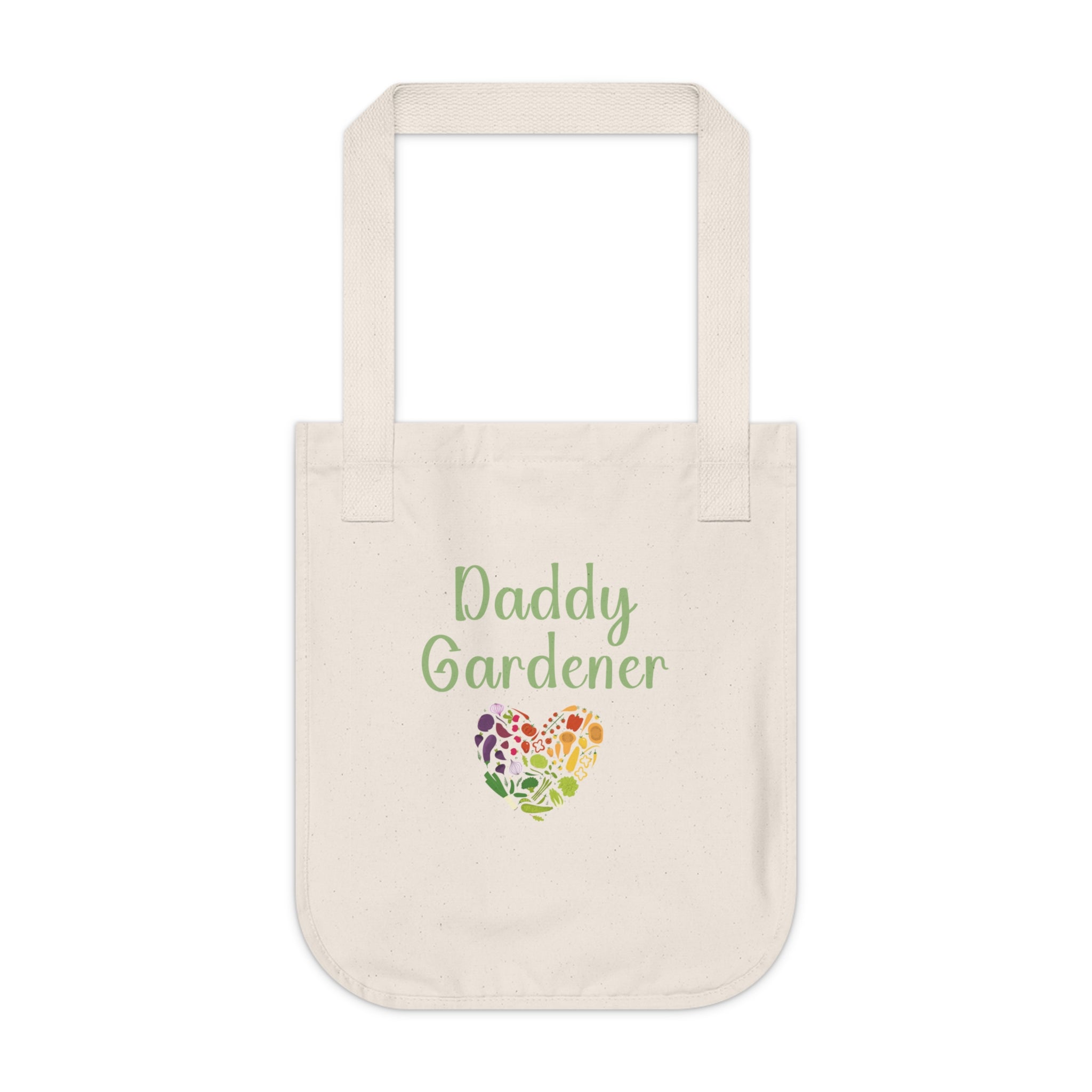 Beige tote bag with 'Daddy Gardener' text and colorful heart design on a white background