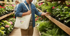 Person shopping for plants in a garden center with a tote bag labeled 'Happy Gardener'.