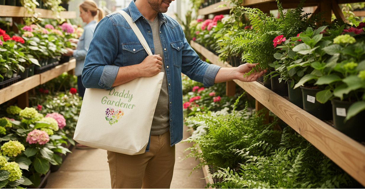 Person shopping for plants in a garden center with a tote bag labeled 'Happy Gardener'.