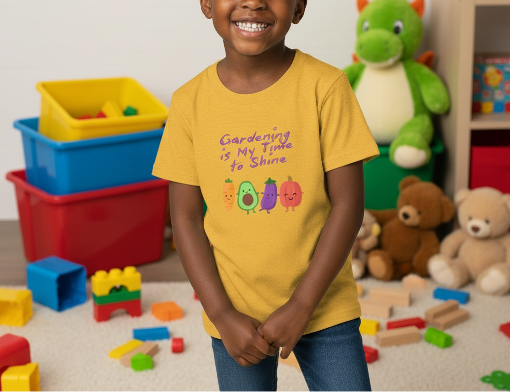 Child wearing a yellow t-shirt with a colorful design in a playroom filled with toys.