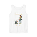 White tank top with a graphic of a person gardening and text on a white background