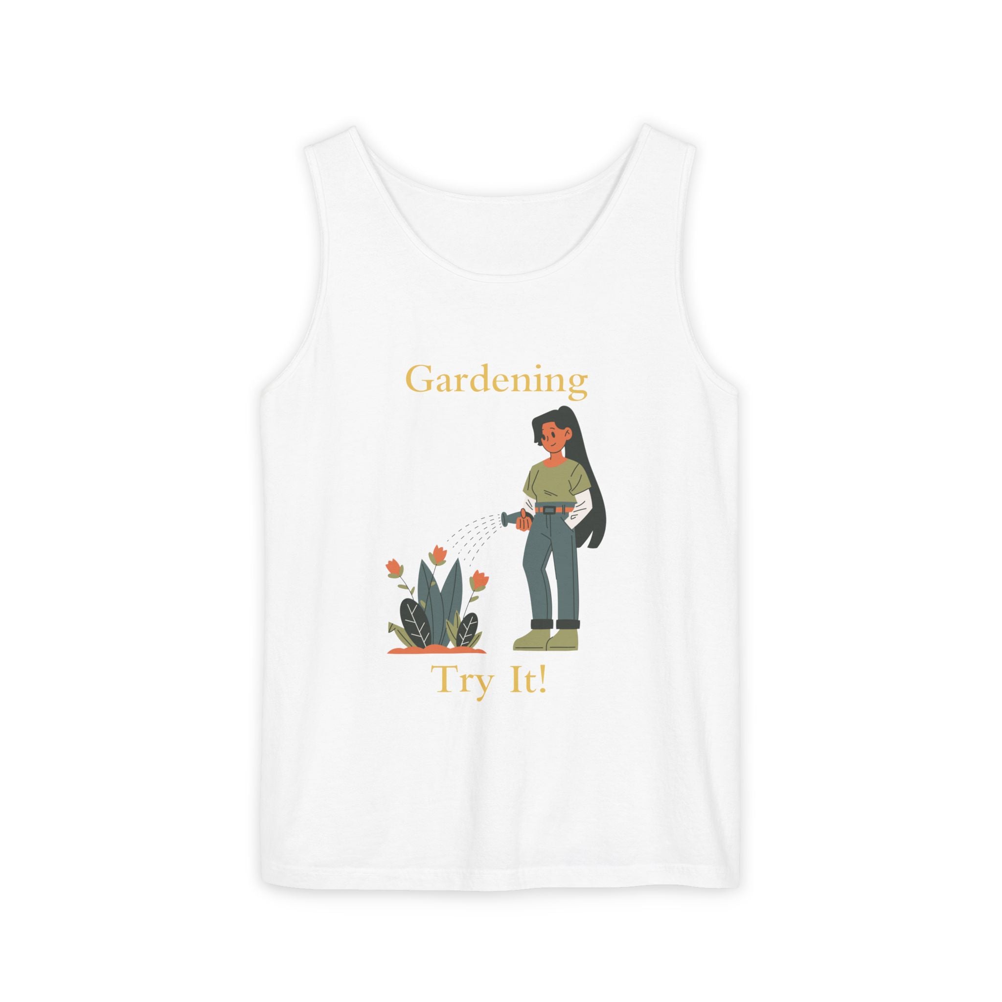 White tank top with a graphic of a person gardening and text on a white background