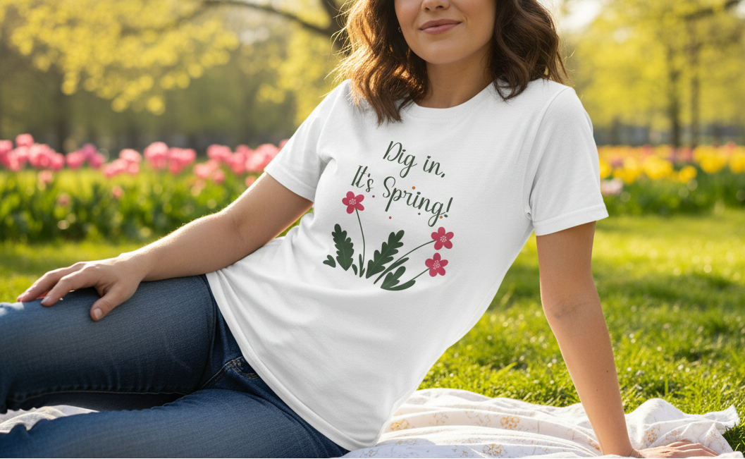 Person wearing a white t-shirt with 'Day in, It's Spring!' text and floral design, sitting in a park.