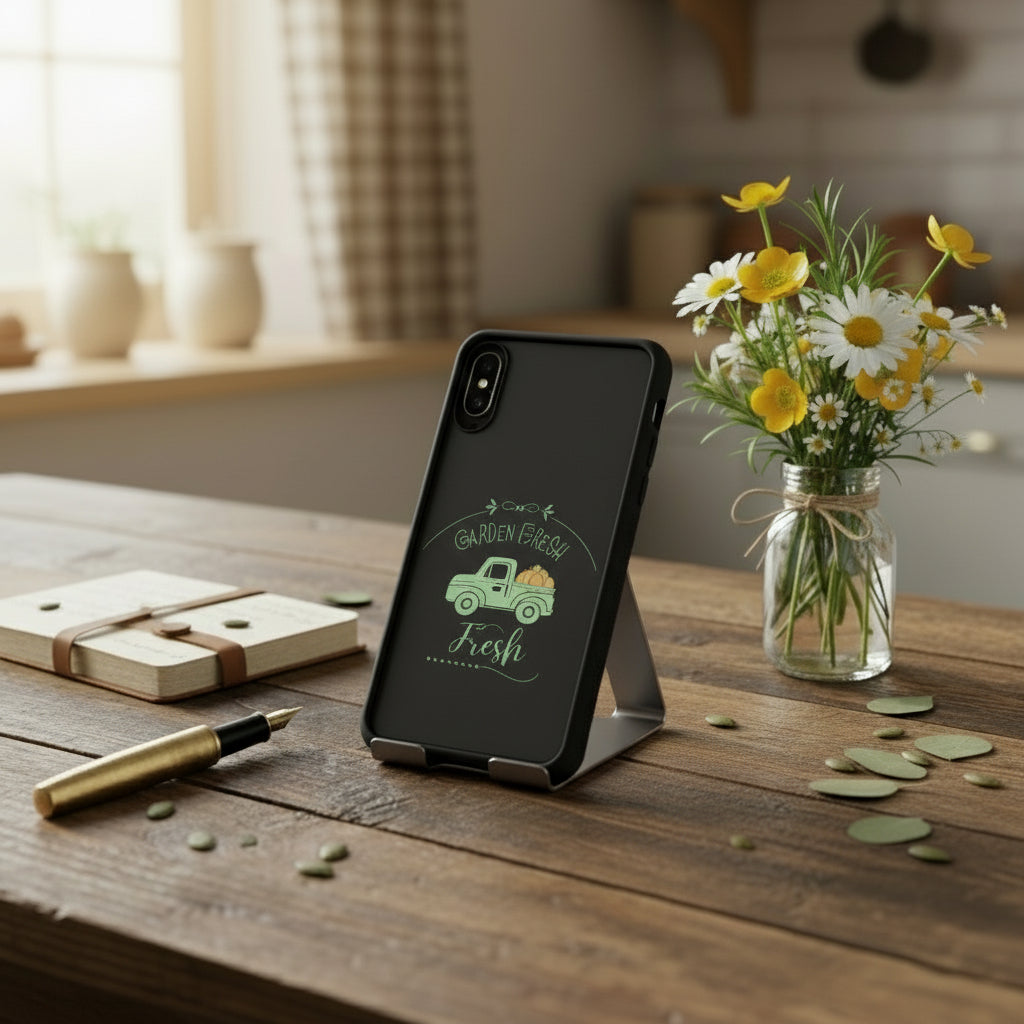 Black phone case with a green truck and 'Garden Fresh' text on a white surface with flowers.