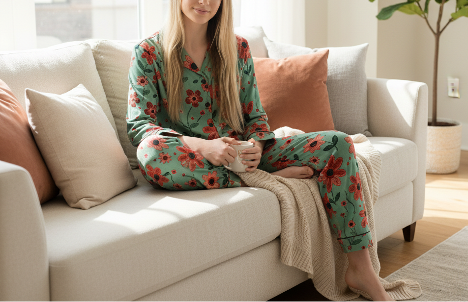 Woman in floral pajamas sitting on a couch holding a phone.