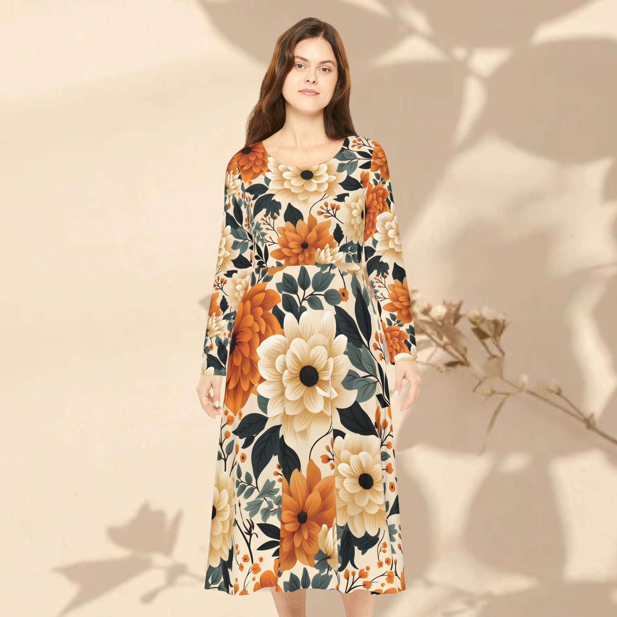 Woman wearing a floral dress with orange and yellow flowers on a beige background