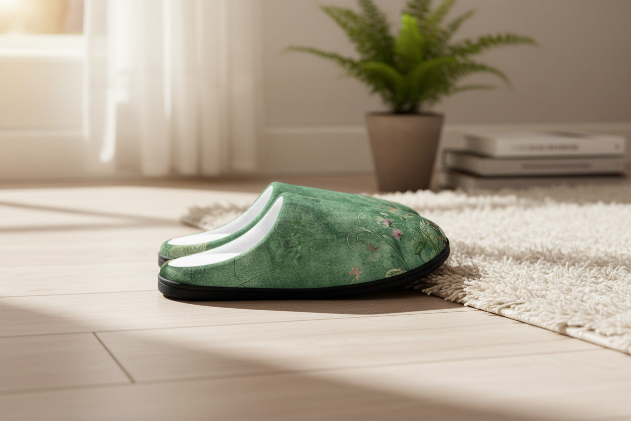 Pair of green slippers with floral pattern on a white background