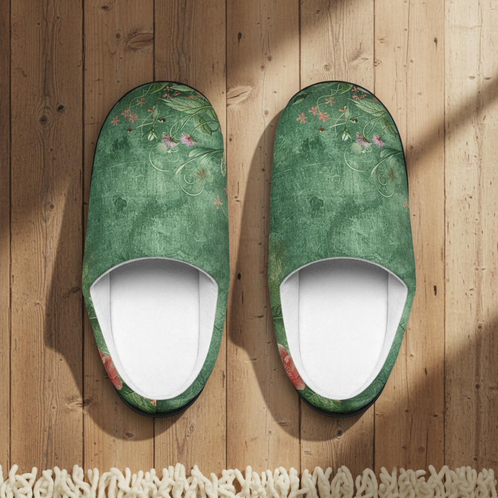 Pair of green floral-patterned slippers on a wooden floor.