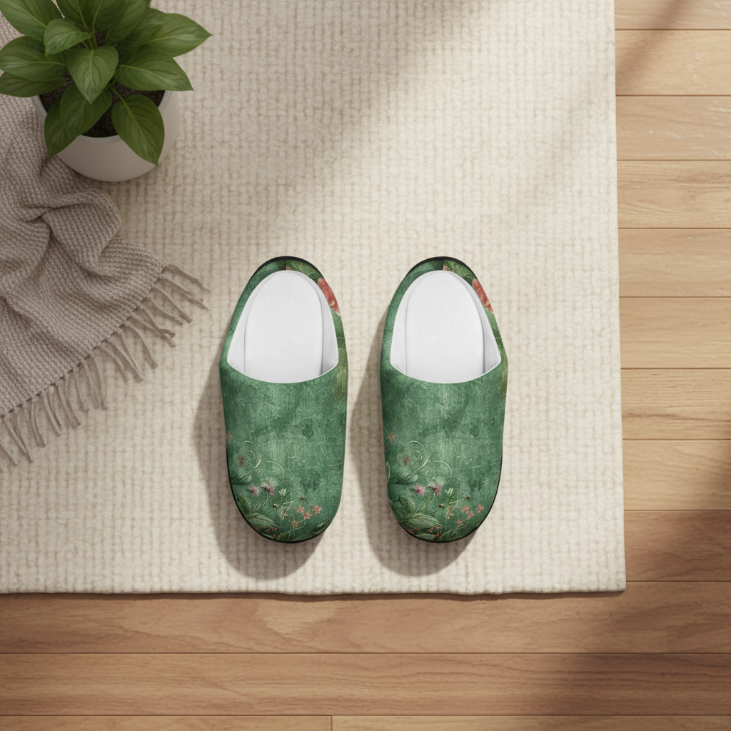 Green slippers on a beige blanket with a plant and scarf in the background