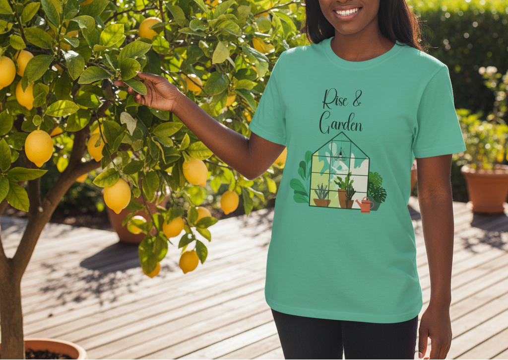Person wearing a teal t-shirt with a garden-themed design, standing next to a lemon tree.