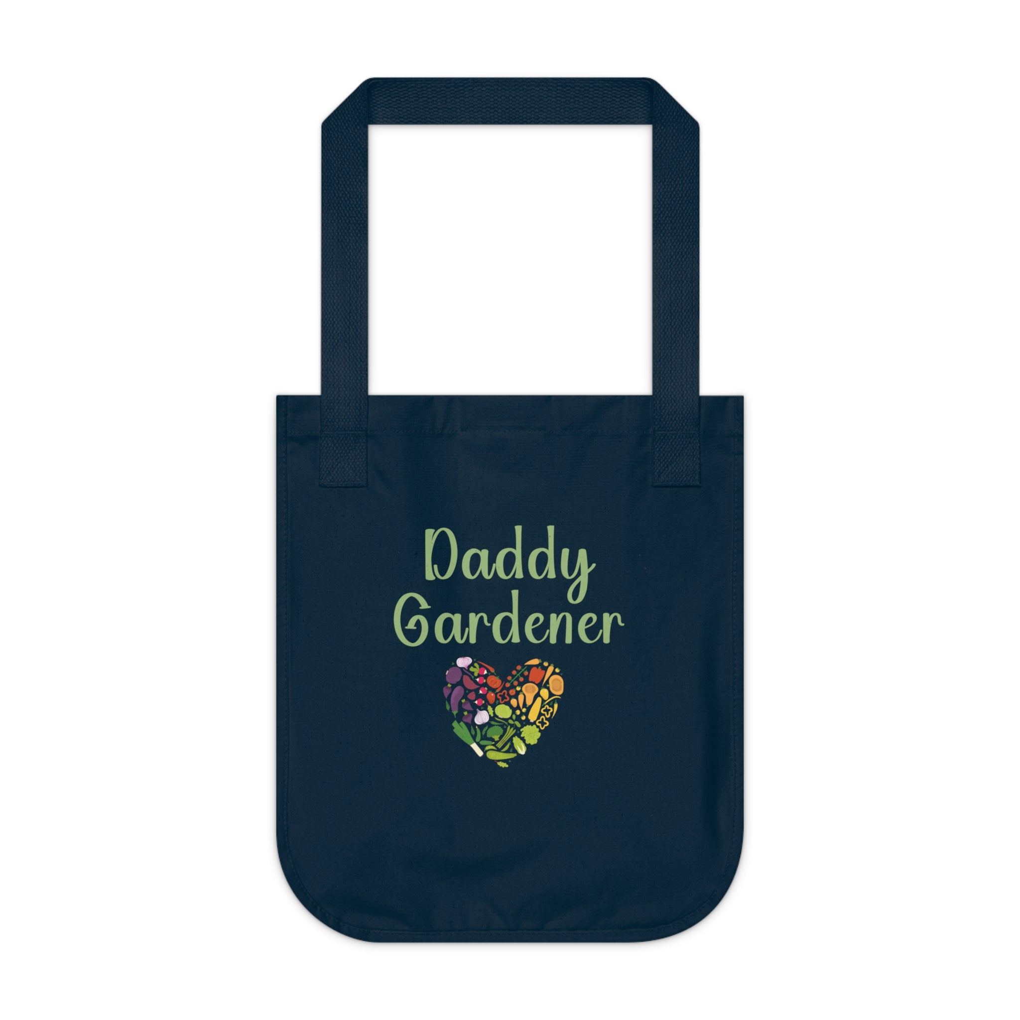 Navy blue tote bag with 'Daddy Gardener' text and heart design on a white background