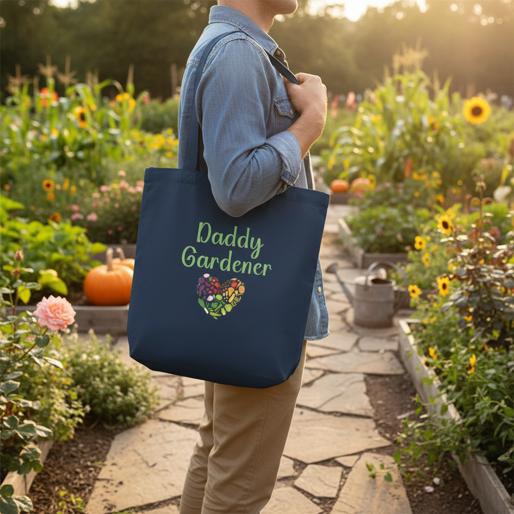 Person holding a navy tote bag with 'Daddy Gardener' text in a garden setting