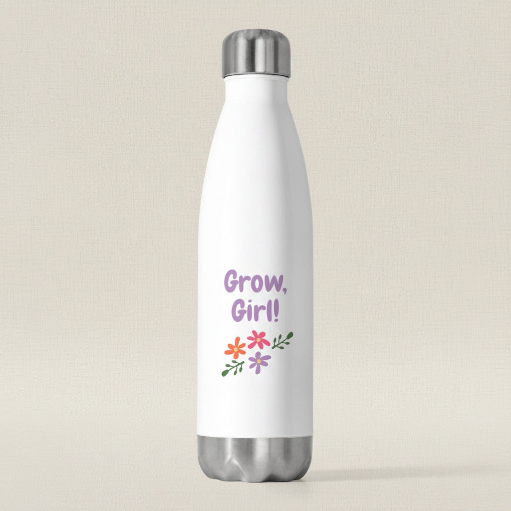 White water bottle with 'Grow, Girl!' text and floral design on a white background